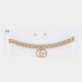 GOLD Double Circle Rhinestone Charm Curb Link Choker Necklace - Ships from The US - necklaces at TFC&H Co.