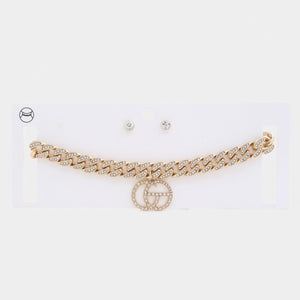 GOLD Double Circle Rhinestone Charm Curb Link Choker Necklace - Ships from The US - necklaces at TFC&H Co.