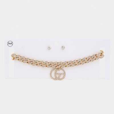 GOLD - Double Circle Rhinestone Charm Curb Link Choker Necklace - Ships from The US - necklaces at TFC&H Co.