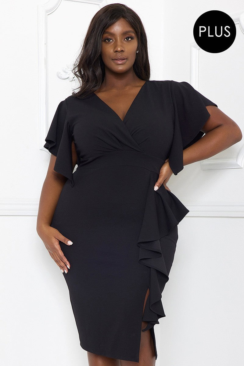- Ruffle Detailed Surplice Voluptuous (+) Plus Size Midi Dress - Ships from The US - womens dress at TFC&H Co.