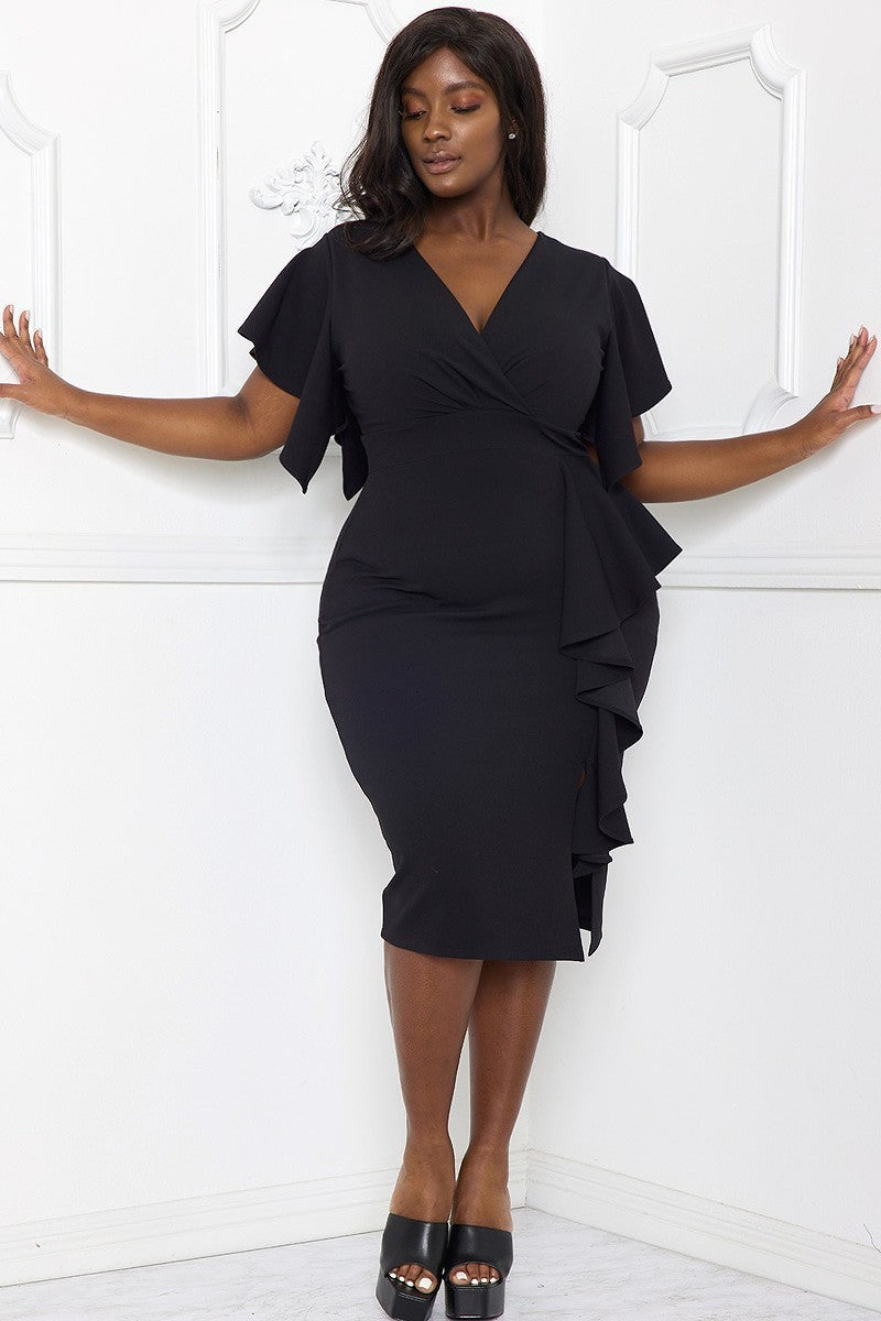 - Ruffle Detailed Surplice Voluptuous (+) Plus Size Midi Dress - Ships from The US - womens dress at TFC&H Co.