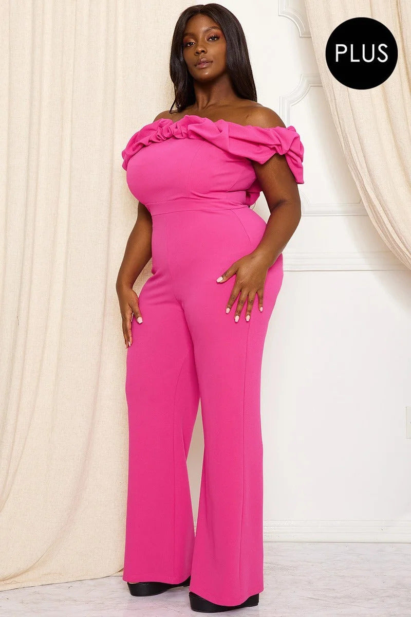 HOT PINK Ruffle Shoulder Shoulder Voluptuous (+) Plus Size Jumpsuit - 3 colors - Ships from The US - women's jumpsuit at TFC&H Co.