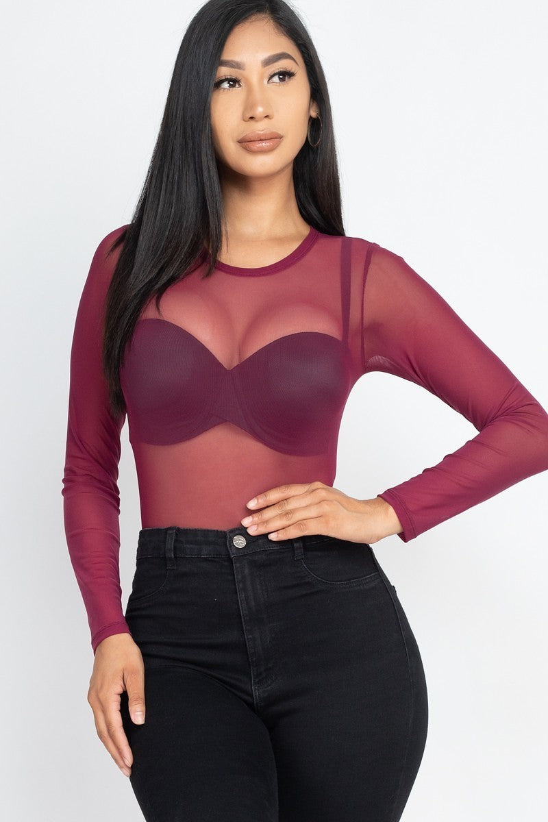BURGUNDY Sexy Sheer Mesh Long Sleeve Bodysuit - 3 colors - Ships from The US - women's bodysuit at TFC&H Co.