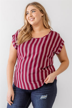 BURGUNDY - Voluptuous (+) Plus Striped Short Sleeve Relax Top - 2 colors - Ships from The US - womens shirt at TFC&H Co.