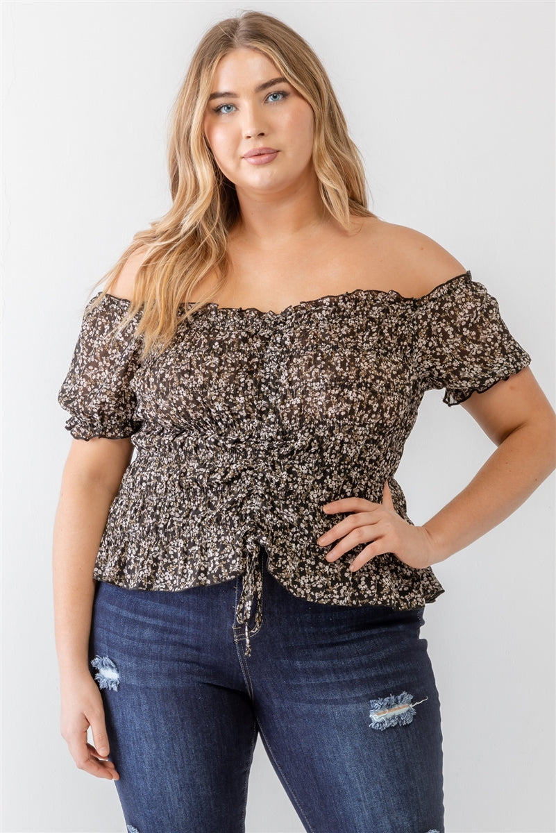 BLACK - Plus Floral Chiffon Ruched Smocked Off-the-shoulder Top - 4 colors - Ships from The US - womens shirt at TFC&H Co.