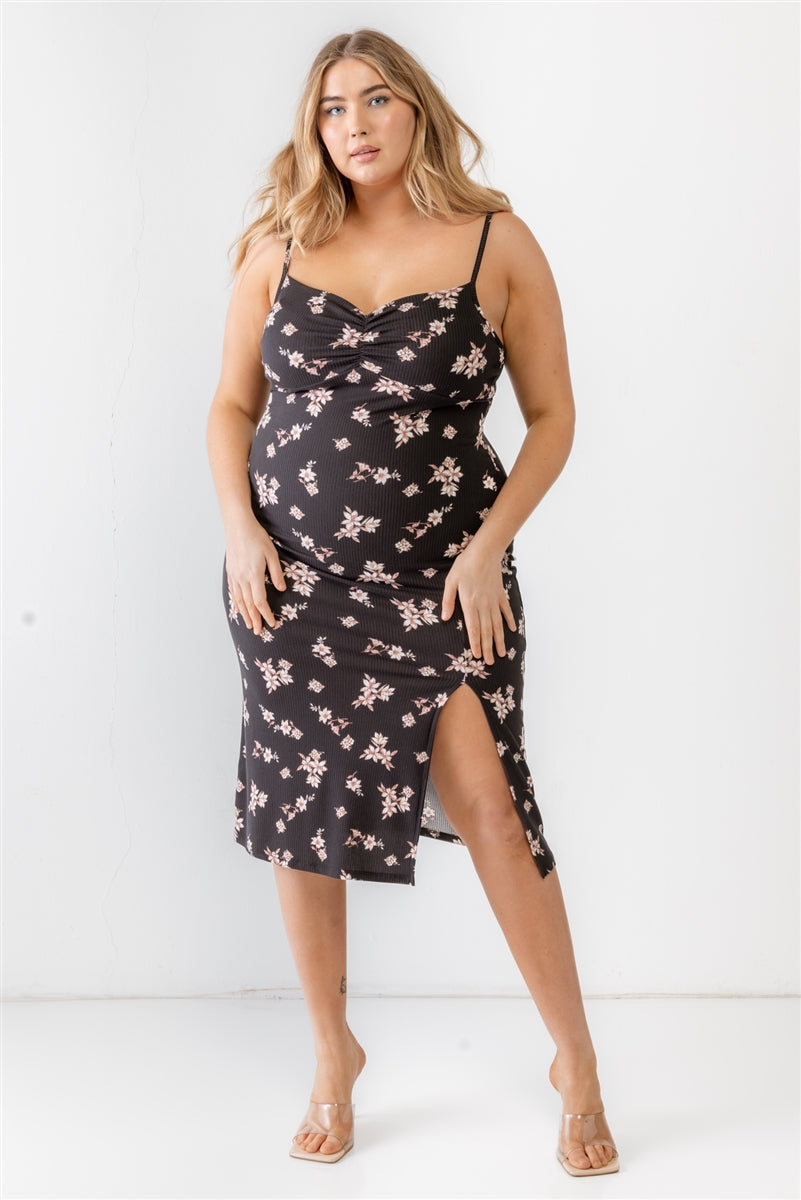 - Voluptuous (+) Plus Floral Ribbed Ruched Sleeveless Midi Dress - 2 colors - Ships from The US - womens dress at TFC&H Co.
