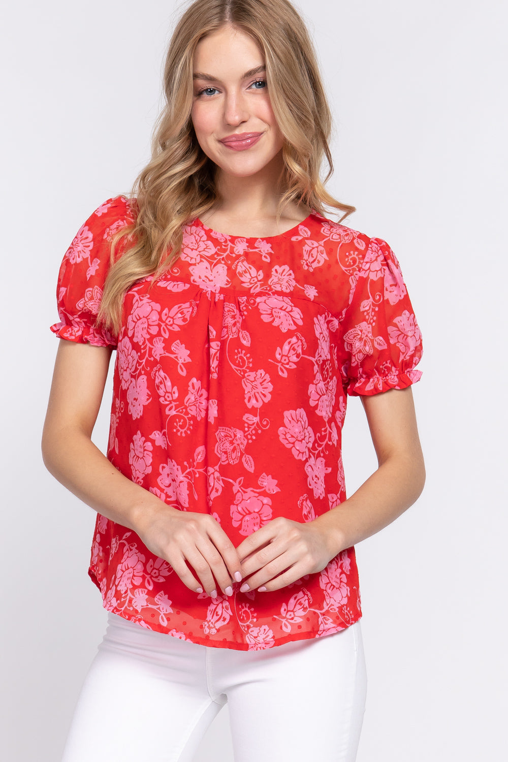 RED Short Slv Print Clip Dot Blouse - 2 colors - Ships from The US - women's blouse at TFC&H Co.