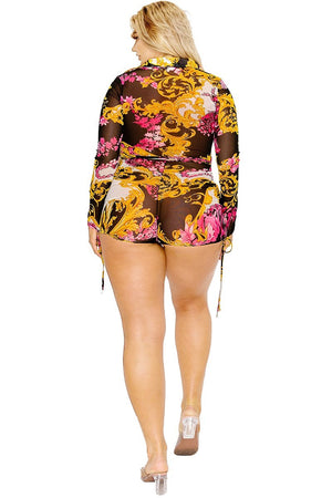 - Voluptuous (+) Plus gold & floral pattern print belted romper - Ships from The USA - womens romper at TFC&H Co.