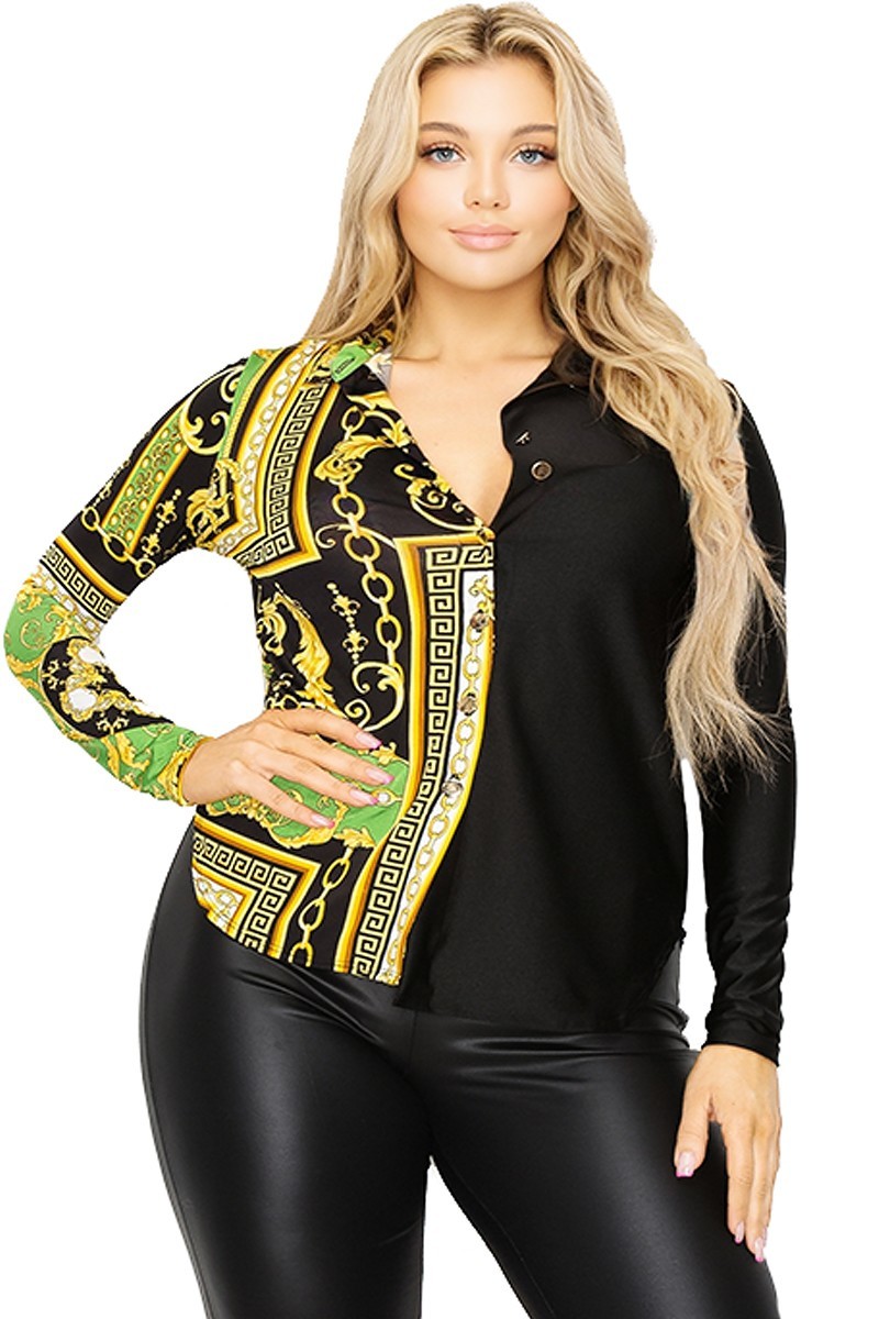 - Voluptuous (+) Plus long sleeve gold chain printed shirt - Ships from The USA - womens button-up shirt at TFC&H Co.