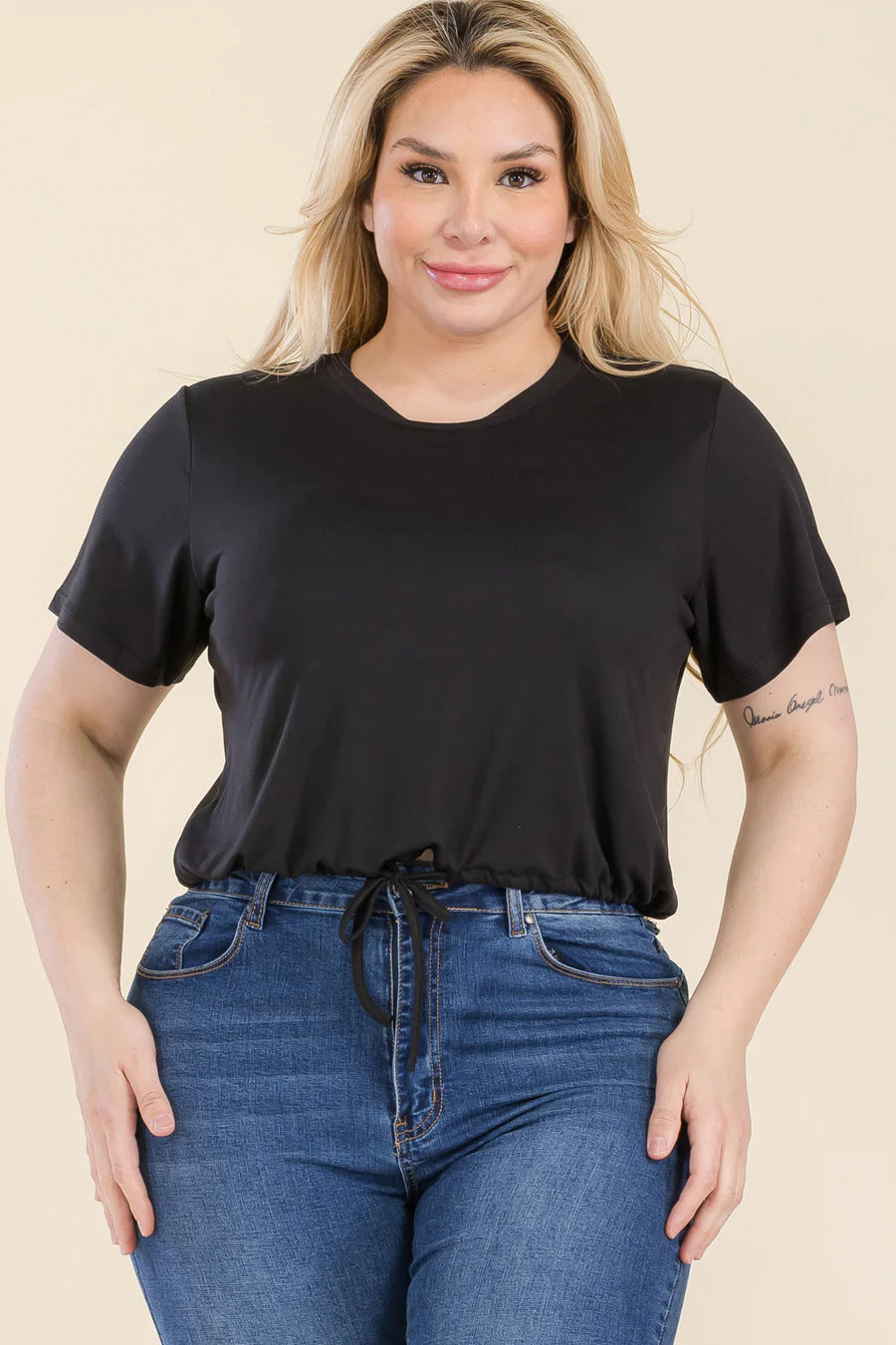 BLACK - Voluptuous (+) Plus Size Tie Front Drawstring Short Sleeve Crop Top - Ships from The USA - womens t-shirt at TFC&H Co.