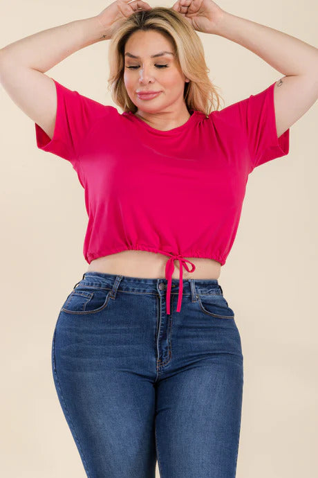 FUCHSIA - Voluptuous (+) Plus Size Tie Front Drawstring Short Sleeve Crop Top - Ships from The USA - womens t-shirt at TFC&H Co.