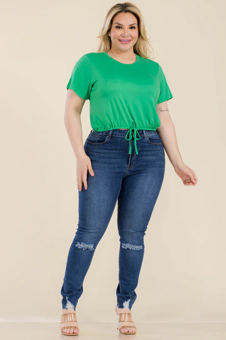 KELLY GREEN - Voluptuous (+) Plus Size Tie Front Drawstring Short Sleeve Crop Top - Ships from The USA - womens t-shirt at TFC&H Co.