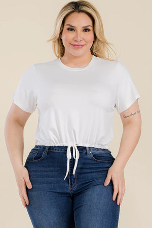 WHITE - Voluptuous (+) Plus Size Tie Front Drawstring Short Sleeve Crop Top - Ships from The USA - womens t-shirt at TFC&H Co.