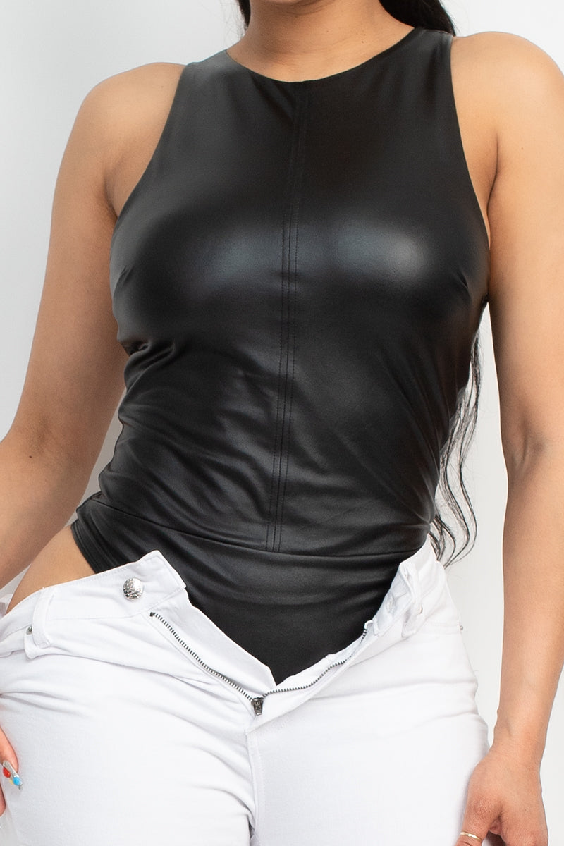 Faux Leather Sleeveless Bodysuit - Ships from The USA - women's shirt at TFC&H Co.