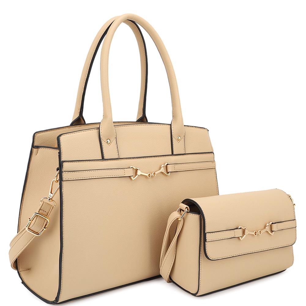 Khaki - 2in1 Matching Design Handle Satchel With Crossbody Bag - 5 colors - handbag at TFC&H Co.
