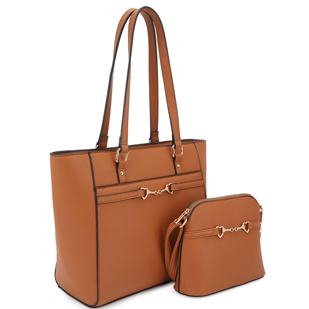 Brown - 2in1 Smooth Matching Shoulder Tote Bag With Crossbody Set -5 colors - handbag at TFC&H Co.