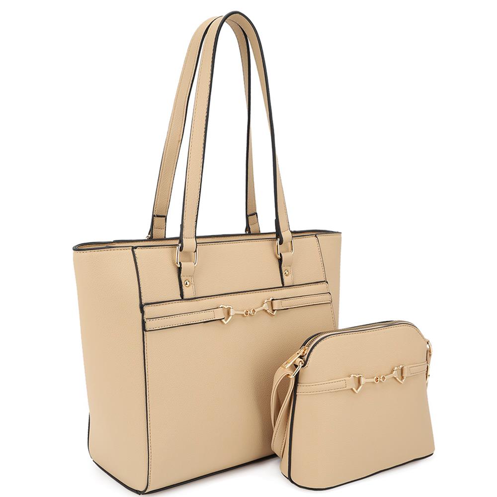 Khaki - 2in1 Smooth Matching Shoulder Tote Bag With Crossbody Set -5 colors - handbag at TFC&H Co.