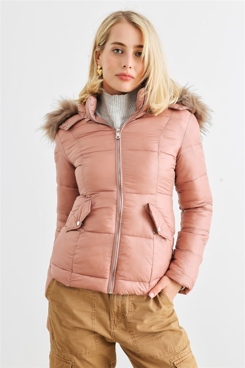 Mauve - Long Sleeve Faux Fur Hood Padded Water Resistant Finish Jacket - 2 colors - womens coat at TFC&H Co.