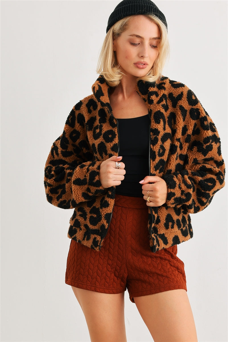 Camel Leopard Leopard Teddy Zip-up Two Pocket Jacket - 2 colors - women's jacket at TFC&H Co.