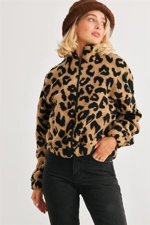 Mocha Leopard Leopard Teddy Zip-up Two Pocket Jacket - 2 colors - women's jacket at TFC&H Co.