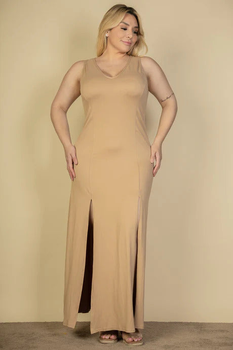 Light Taupe Voluptuous (+) Plus Size Plunge Neck Thigh Split Maxi Dress - 4 colors - women's dress at TFC&H Co.