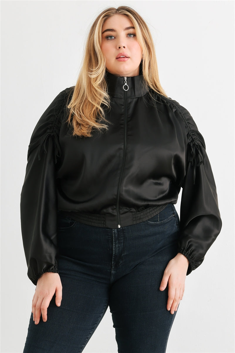 Black - Voluptuous (+) Plus Satin Zip-up Ruched Long Sleeve Cropped Bomber Jacket - 4 colors - womens jacket at TFC&H Co.