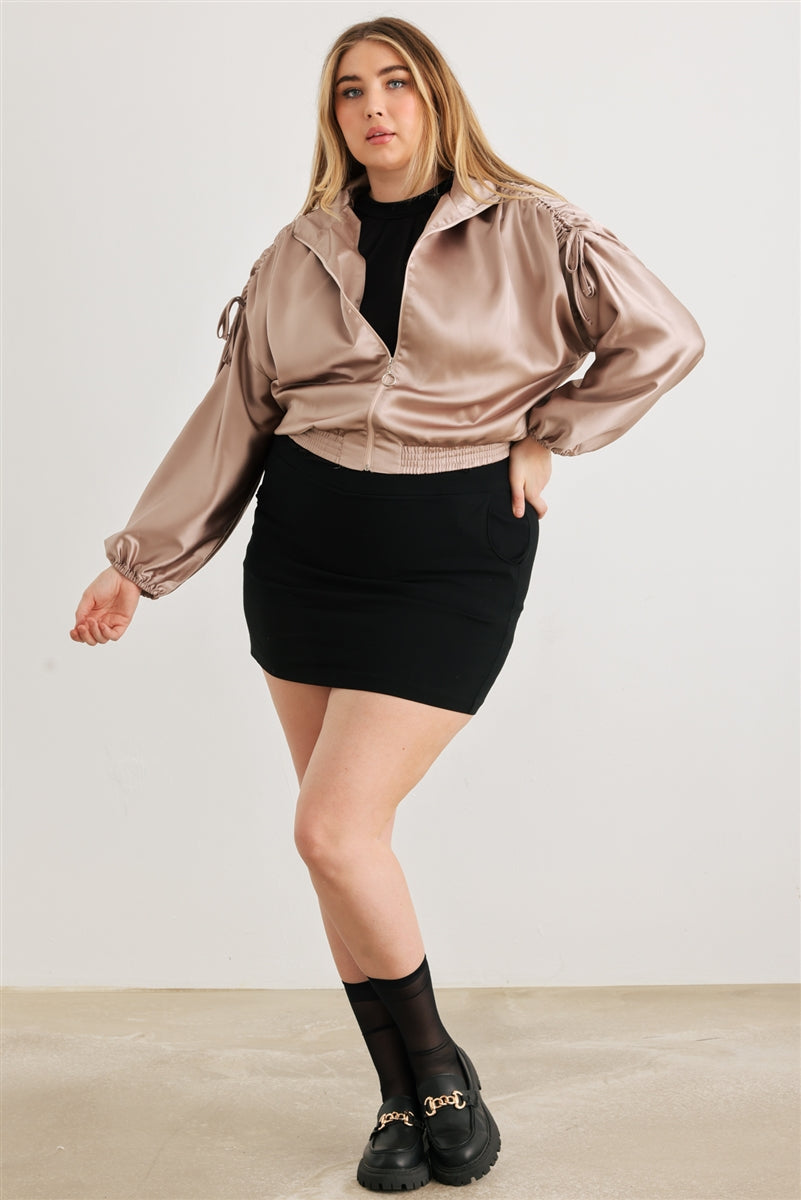 Light Mocha Voluptuous (+) Plus Satin Zip-up Ruched Long Sleeve Cropped Bomber Jacket - 4 colors - women's jacket at TFC&H Co.