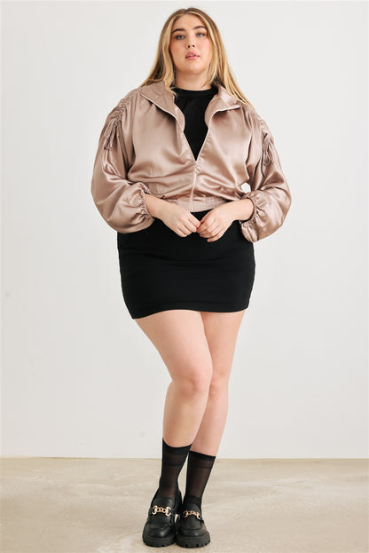 Voluptuous (+) Plus Satin Zip-up Ruched Long Sleeve Cropped Bomber Jacket - 4 colors - women's jacket at TFC&H Co.
