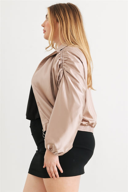 Voluptuous (+) Plus Satin Zip-up Ruched Long Sleeve Cropped Bomber Jacket - 4 colors - women's jacket at TFC&H Co.