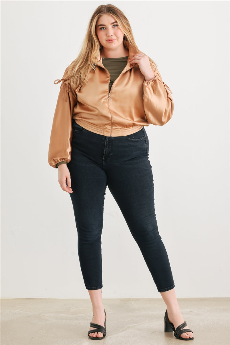 Taupe Voluptuous (+) Plus Satin Zip-up Ruched Long Sleeve Cropped Bomber Jacket - 4 colors - women's jacket at TFC&H Co.