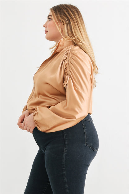 Voluptuous (+) Plus Satin Zip-up Ruched Long Sleeve Cropped Bomber Jacket - 4 colors - women's jacket at TFC&H Co.