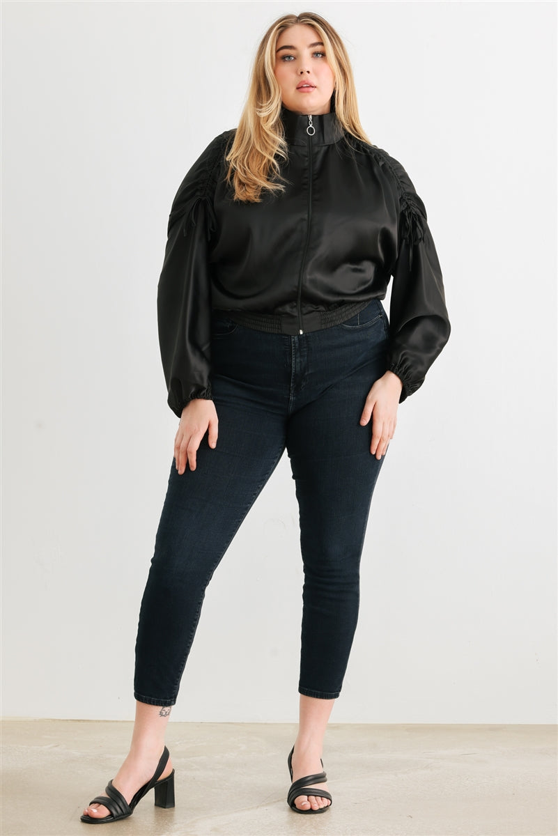 - Voluptuous (+) Plus Satin Zip-up Ruched Long Sleeve Cropped Bomber Jacket - 4 colors - womens jacket at TFC&H Co.