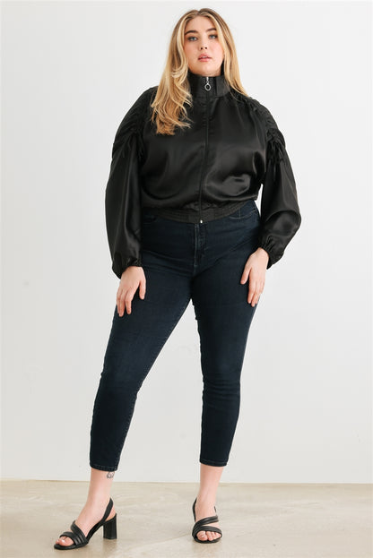 Voluptuous (+) Plus Satin Zip-up Ruched Long Sleeve Cropped Bomber Jacket - 4 colors - women's jacket at TFC&H Co.