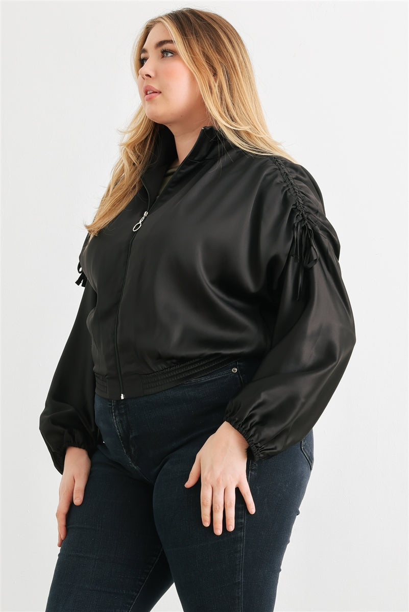 Voluptuous (+) Plus Satin Zip-up Ruched Long Sleeve Cropped Bomber Jacket - 4 colors - women's jacket at TFC&H Co.