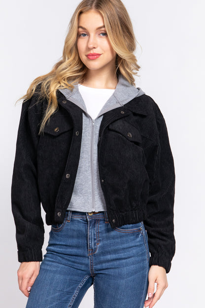 Black Long Slv Hooded Corduroy Jacket - 5 colors - women's jacket at TFC&H Co.