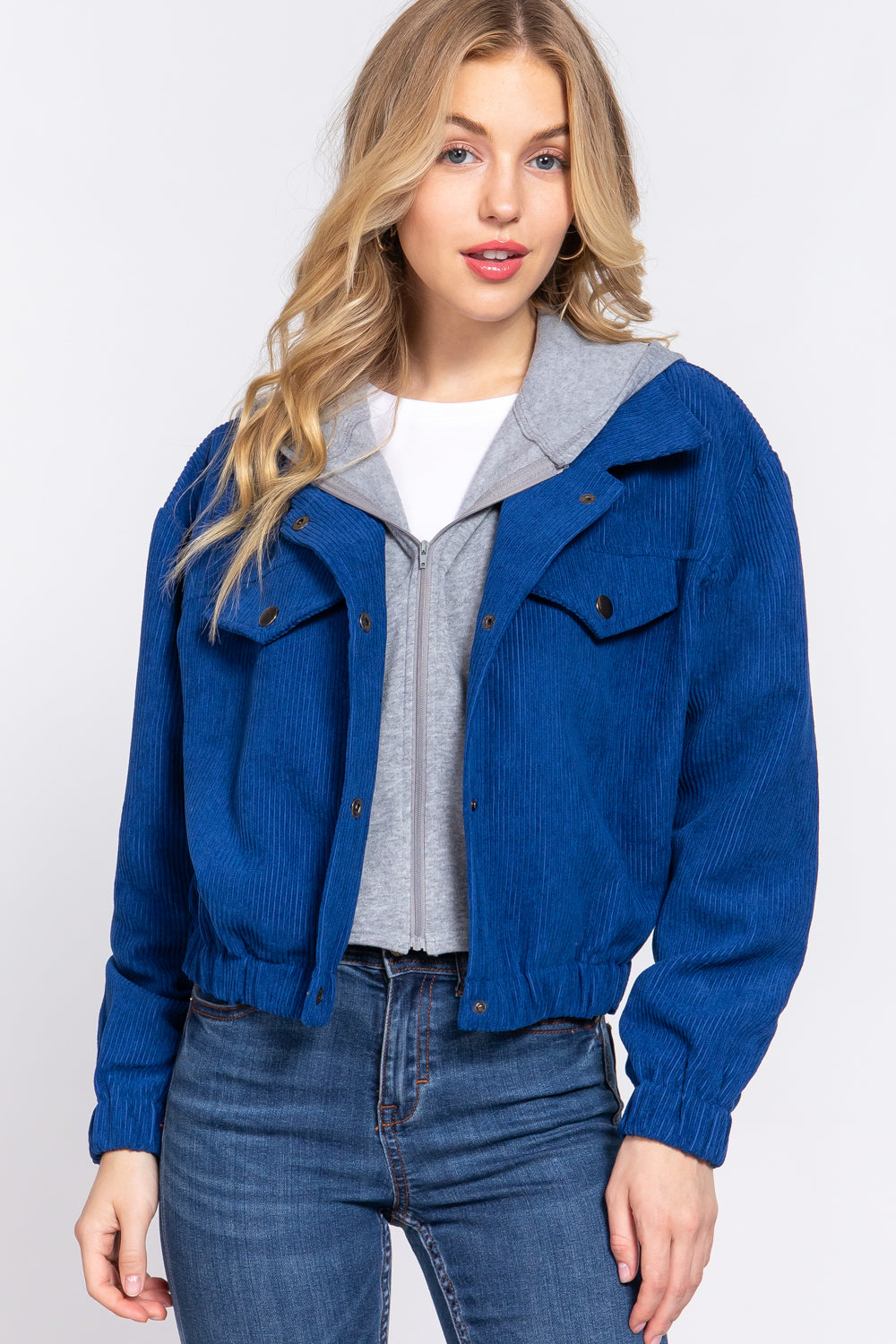 Blue - Long Slv Hooded Corduroy Jacket - 5 colors - womens jacket at TFC&H Co.