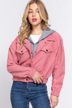 Pink - Long Slv Hooded Corduroy Jacket - 5 colors - womens jacket at TFC&H Co.