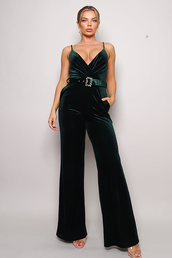 VELVET JUMPSUIT WITH RHINESTONE STRAPS - Black