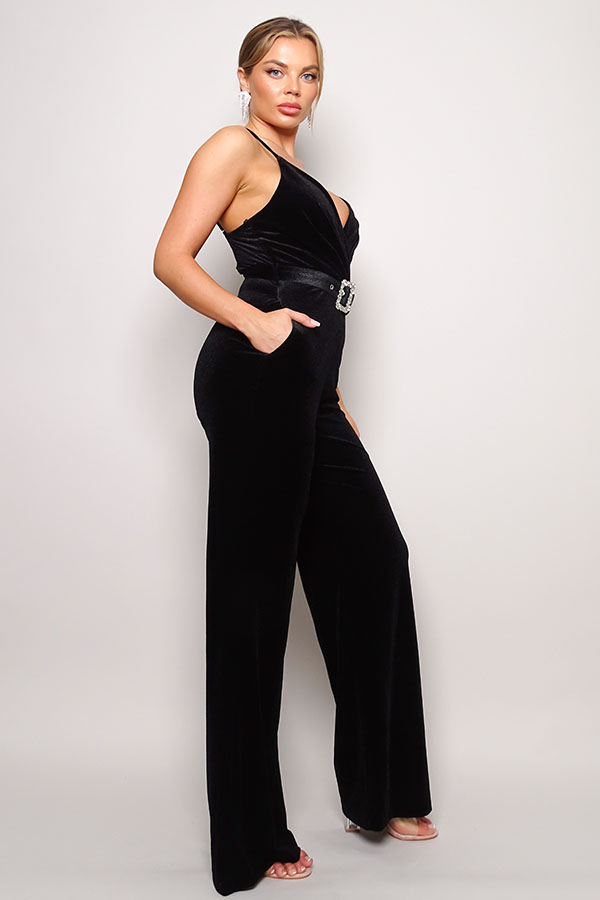 VELVET JUMPSUIT WITH RHINESTONE STRAPS - Black