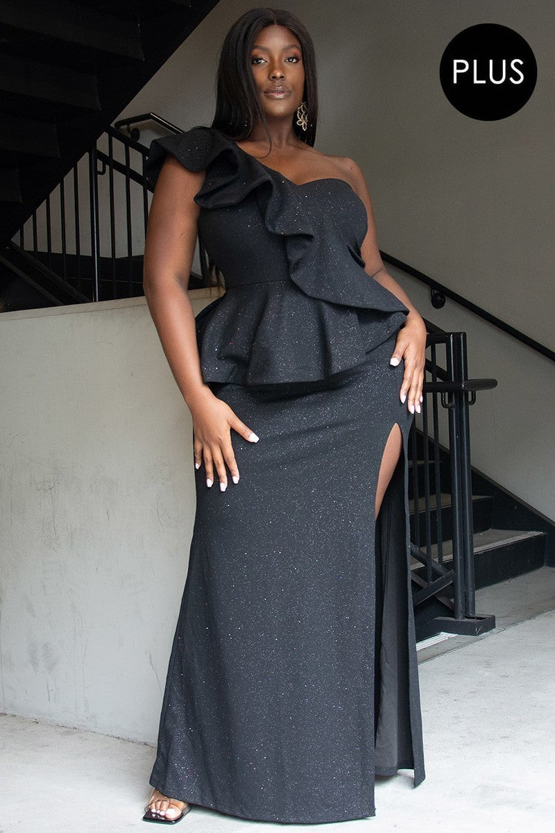 Black - Glitter Ruffle Across Body Voluptuous (+) Plus Size Maxi Dress - 3 colors - womens dress at TFC&H Co.