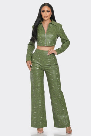 Olive - Faux Leather Outfit Set With Rhinestones - 2 colors - womens pant set at TFC&H Co.