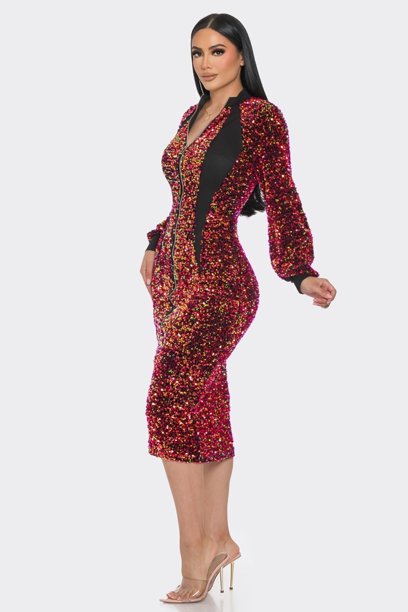 Midi 2 Way Zip Up Sequin Contrast Dress - 2 colors - women's dress at TFC&H Co.