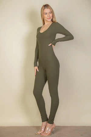Ribbed Scoop Neck Long Sleeve Jumpsuit - 3 colors - women's jumpsuit at TFC&H Co.