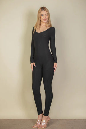 Ribbed Scoop Neck Long Sleeve Jumpsuit - 3 colors - women's jumpsuit at TFC&H Co.