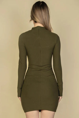 - Ribbed Cut Out Front Long Sleeve Bodycon Mini Dress - 3 colors - womens dress at TFC&H Co.