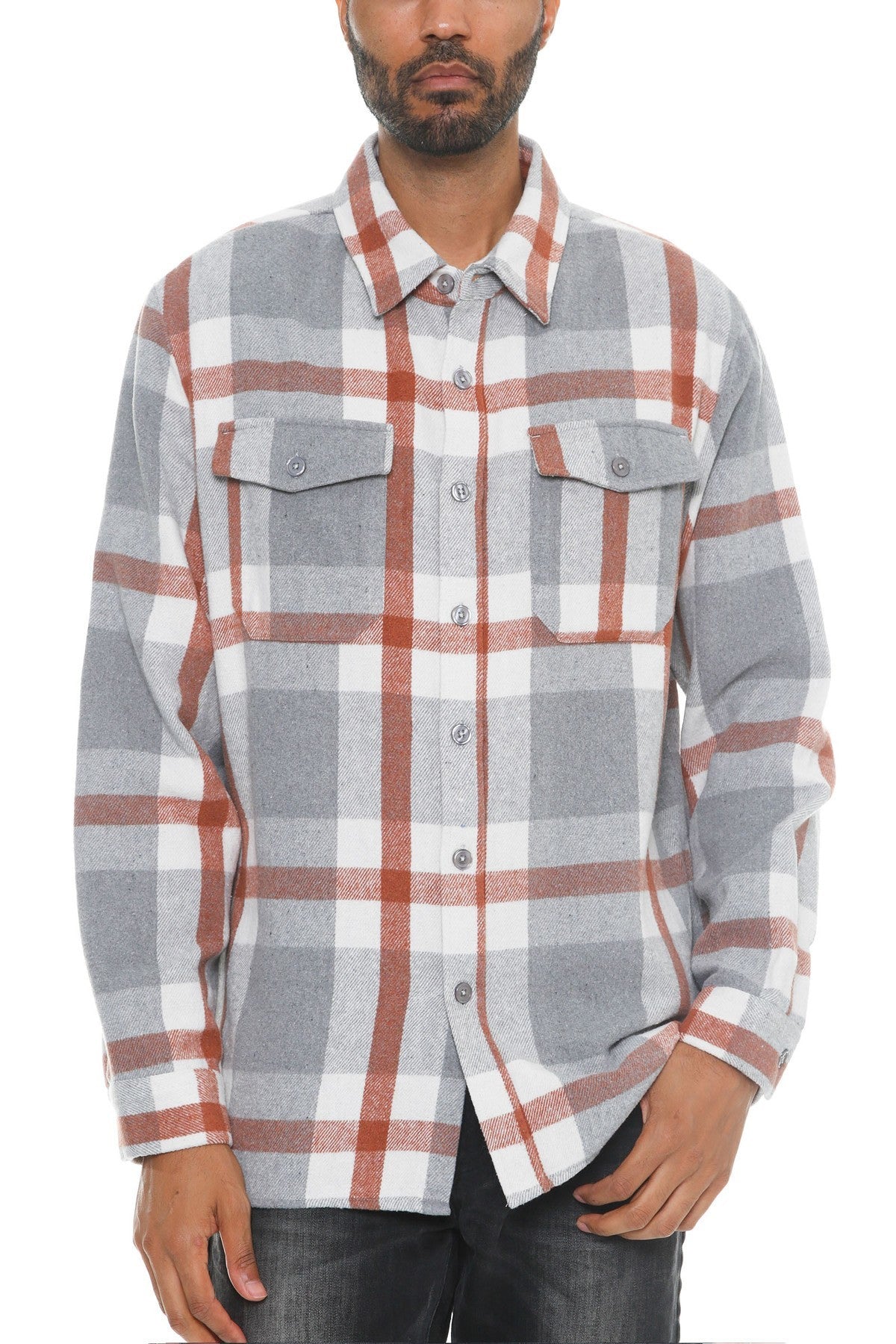 Grey/Rust Men's Checkered Soft Flannel Shacket - 8 colors - men's button-up shirt at TFC&H Co.