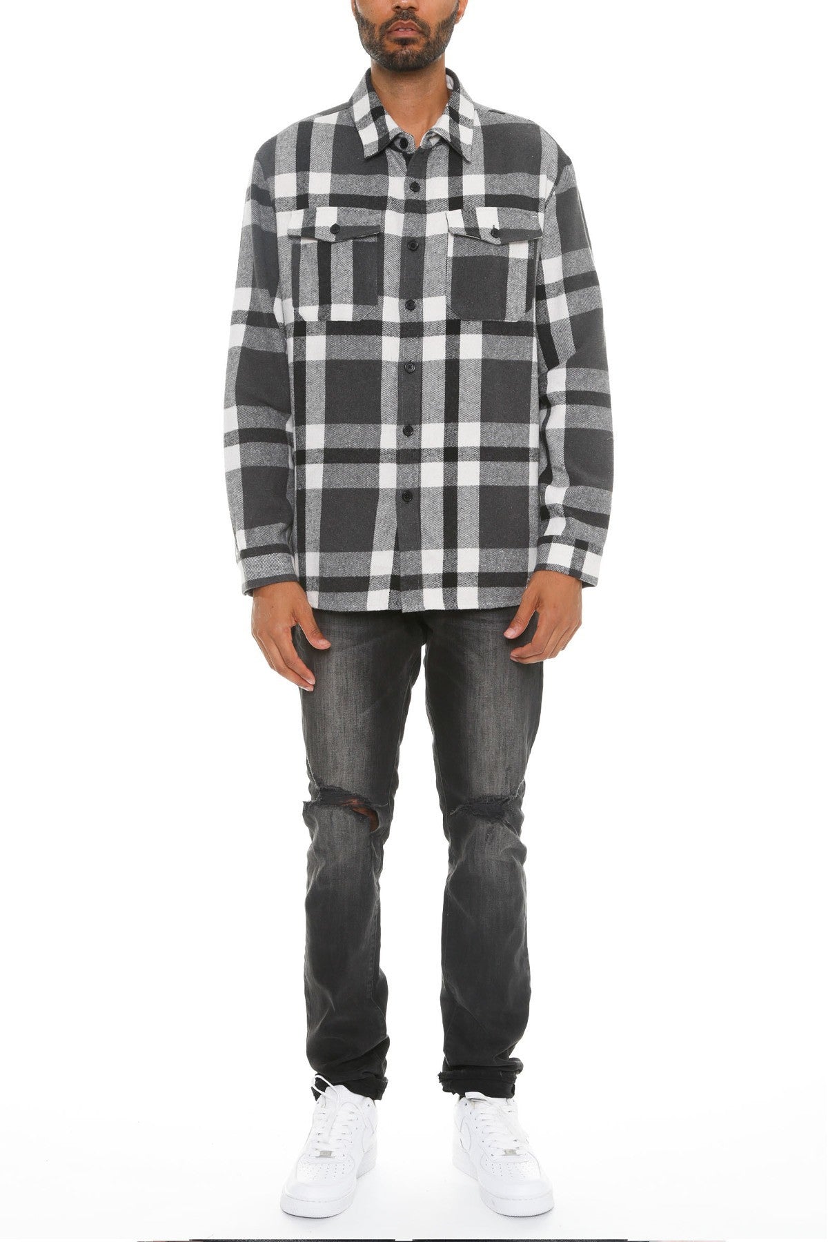 Grey/Black Men's Checkered Soft Flannel Shacket - 8 colors - men's button-up shirt at TFC&H Co.