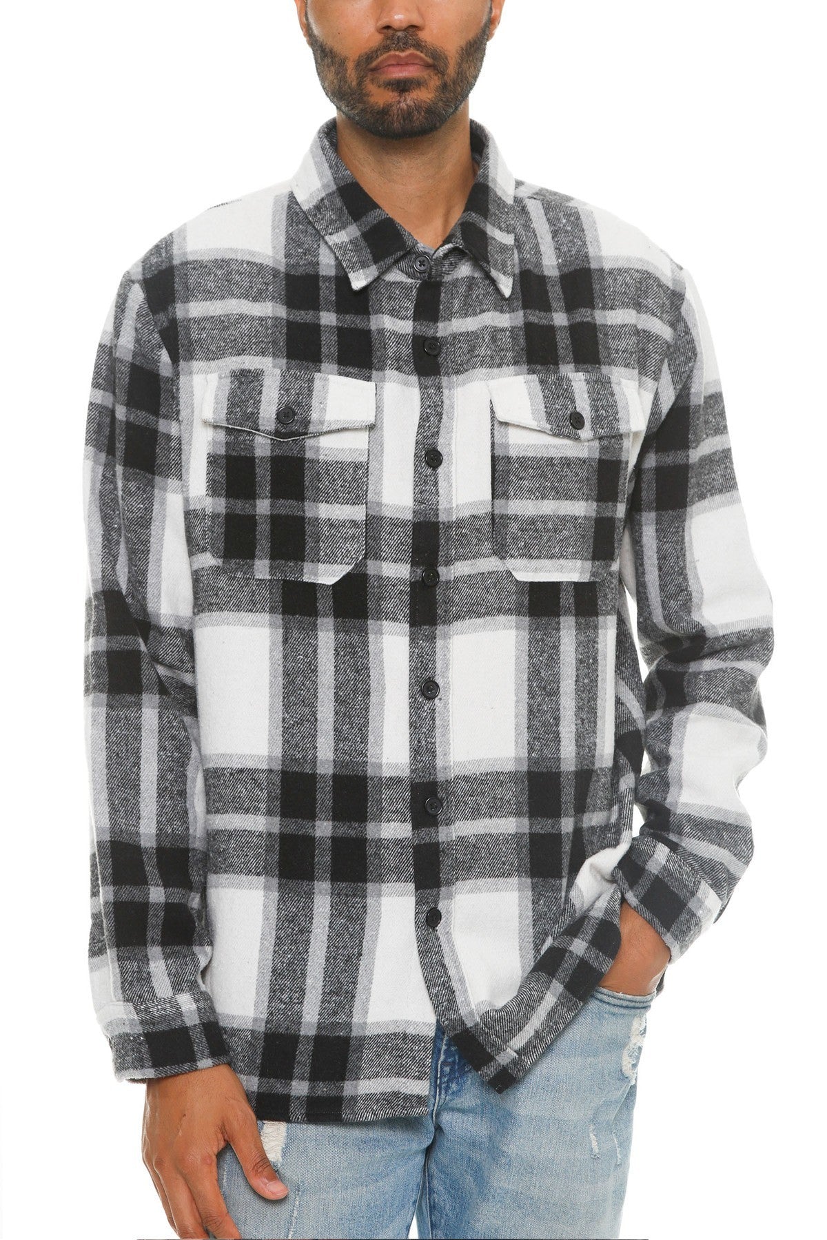 White/Black Men's Checkered Soft Flannel Shacket - 8 colors - men's button-up shirt at TFC&H Co.