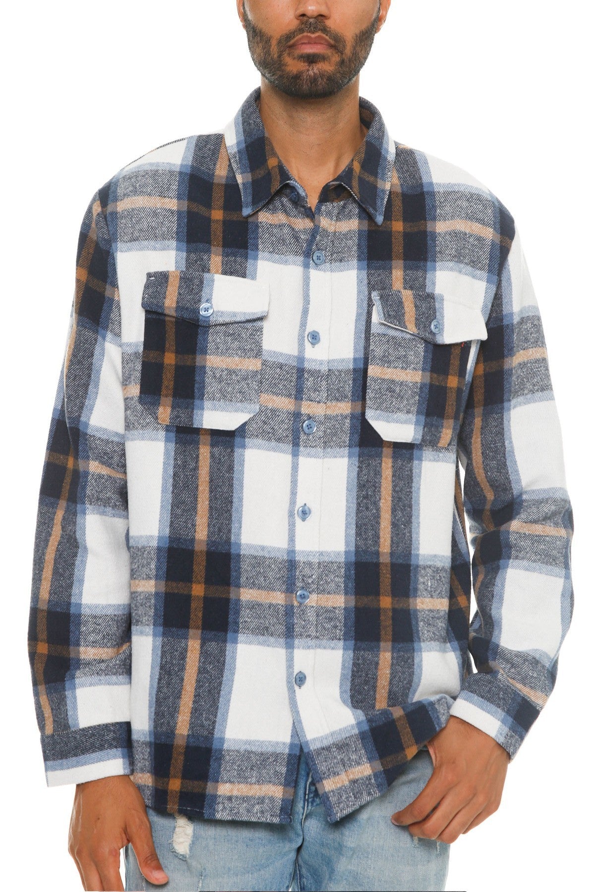 Blue/Gold Men's Checkered Soft Flannel Shacket - 8 colors - men's button-up shirt at TFC&H Co.