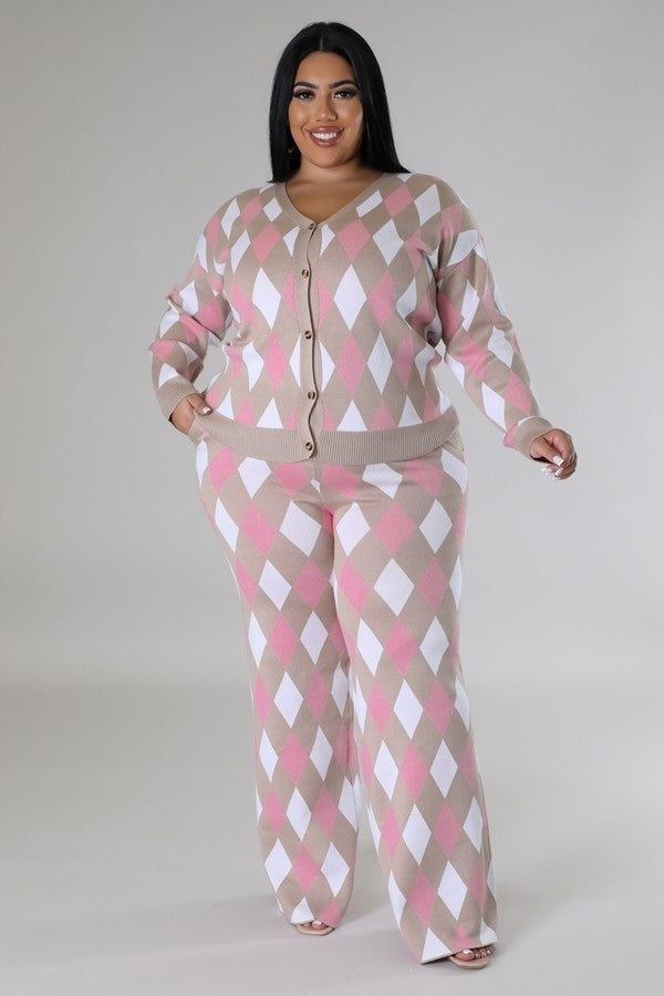 Pink Multi - Voluptuous (+) Long Sleeve Stretch Pants Outfit Set - 3 colors - womens pants set at TFC&H Co.